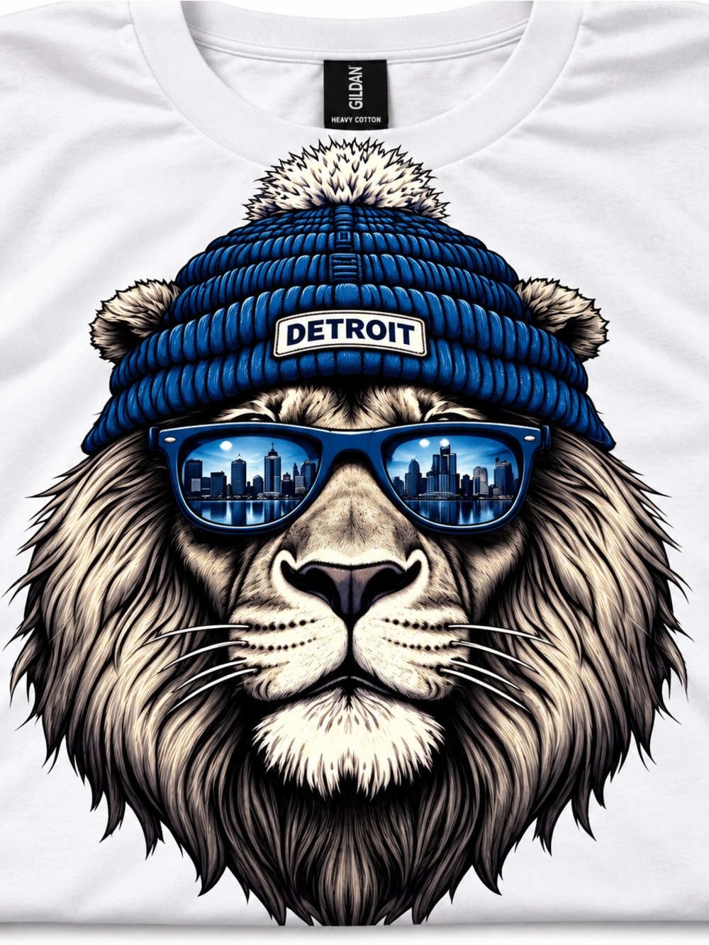 Gildan White T-Shirt with Blue Beanie Lion Graphic